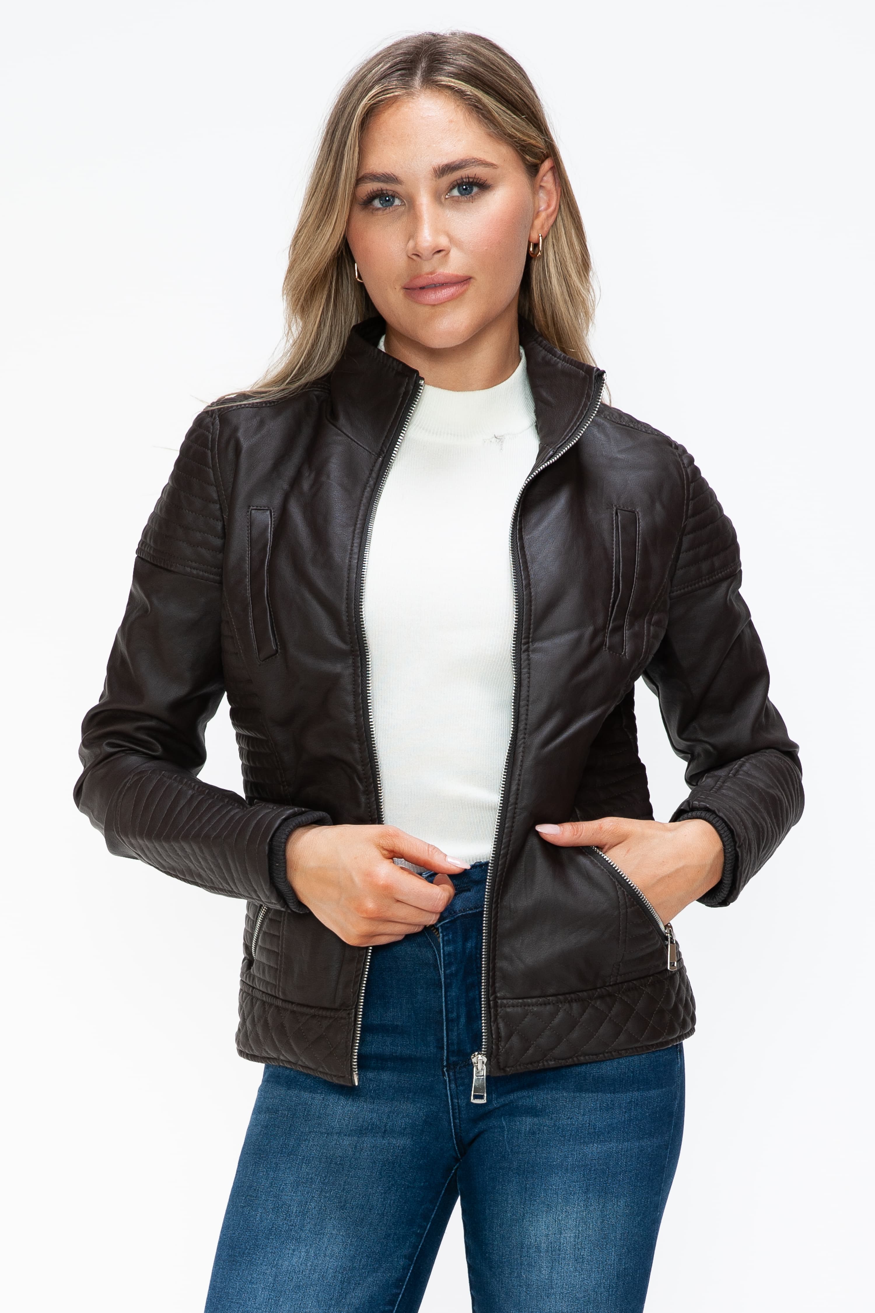 Outfit Flow - YMI Faux Layered Double-Zipper Jacket with Fuzzy Hood