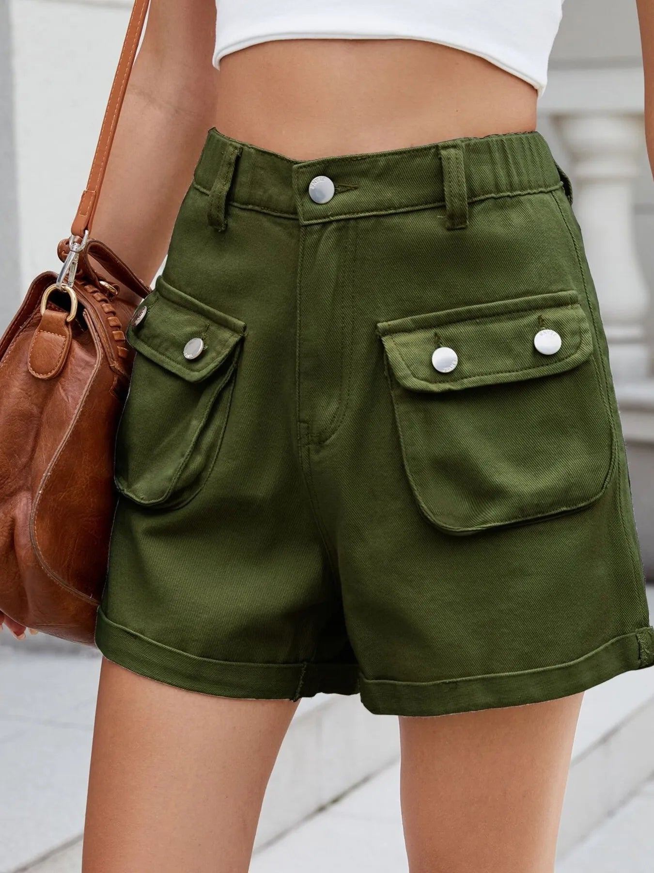 High Waist Cargo Denim Shorts with Multi Pockets OutfitFlow