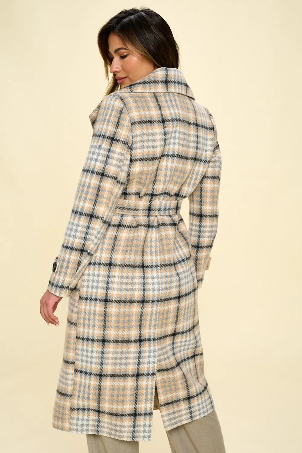 Coalition LA Double-Breasted Plaid Coat with Belt Trendsi
