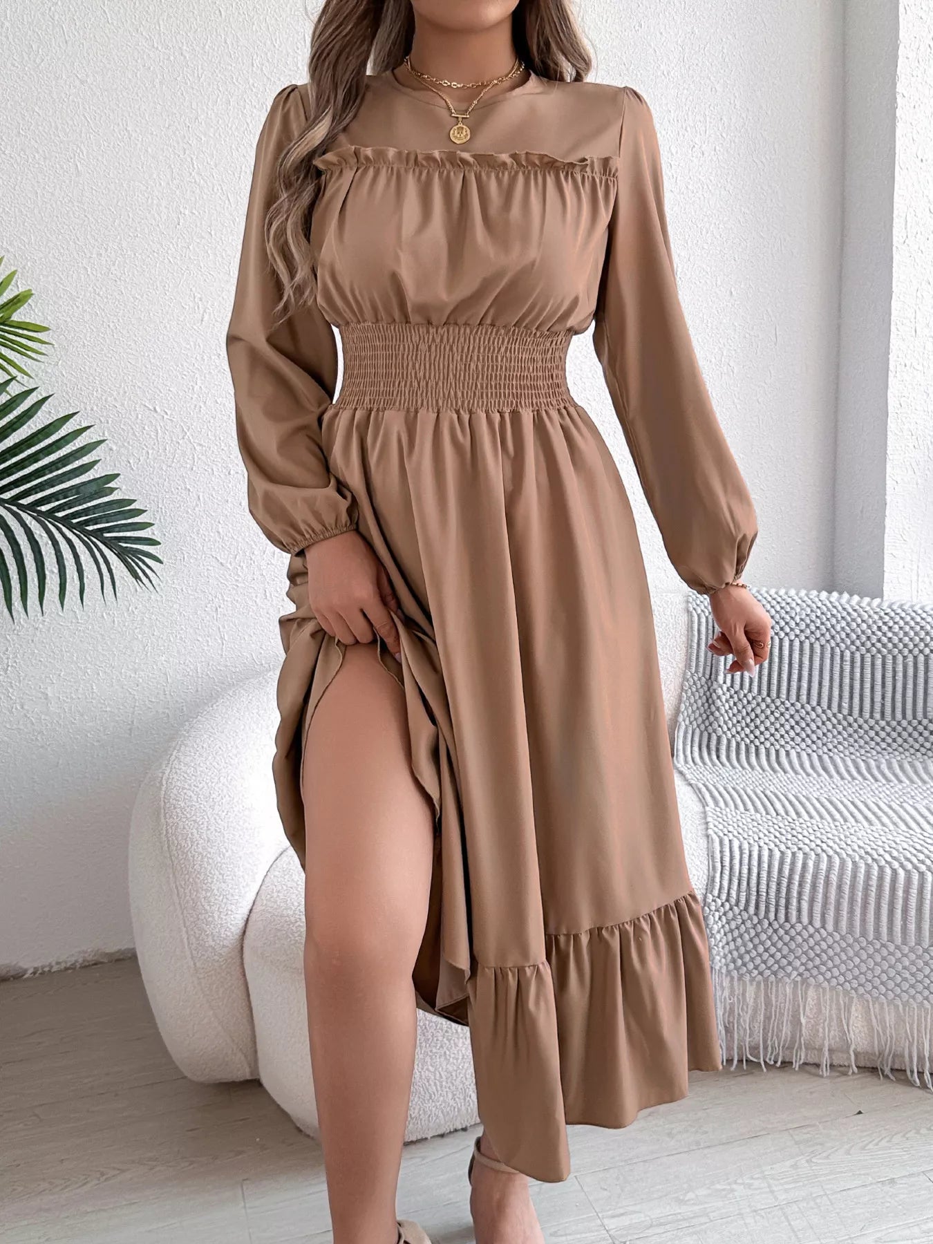 Round Neck Balloon Sleeve Tiered Dress OutfitFlow