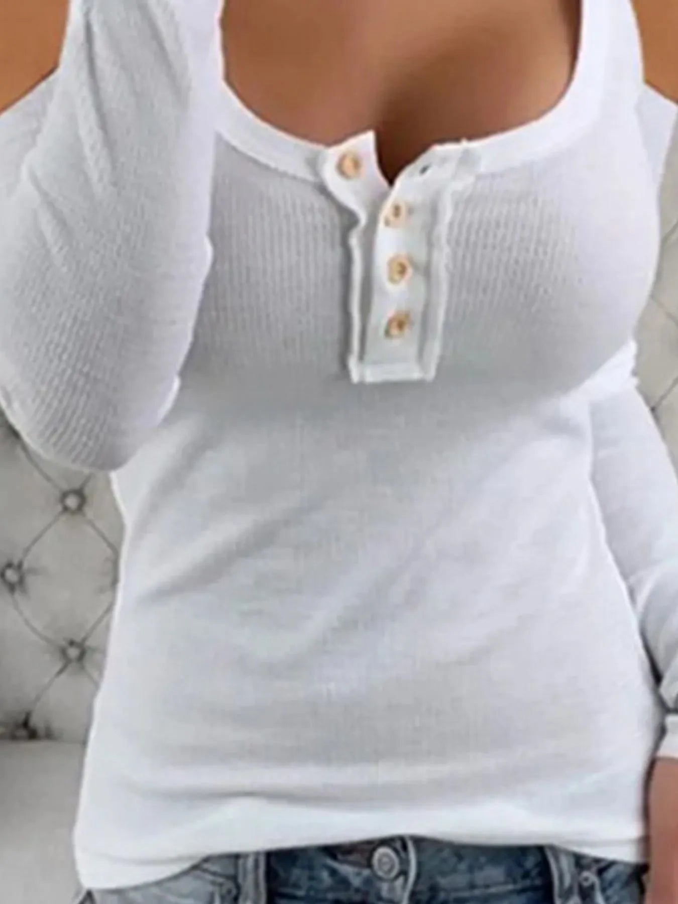 Cold Shoulder Ribbed Henley T-Shirt with Button Detail OutfitFlow