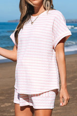 Stripe Knitted Short Sleeve Top and Drawstring Shorts Set OutfitFlow