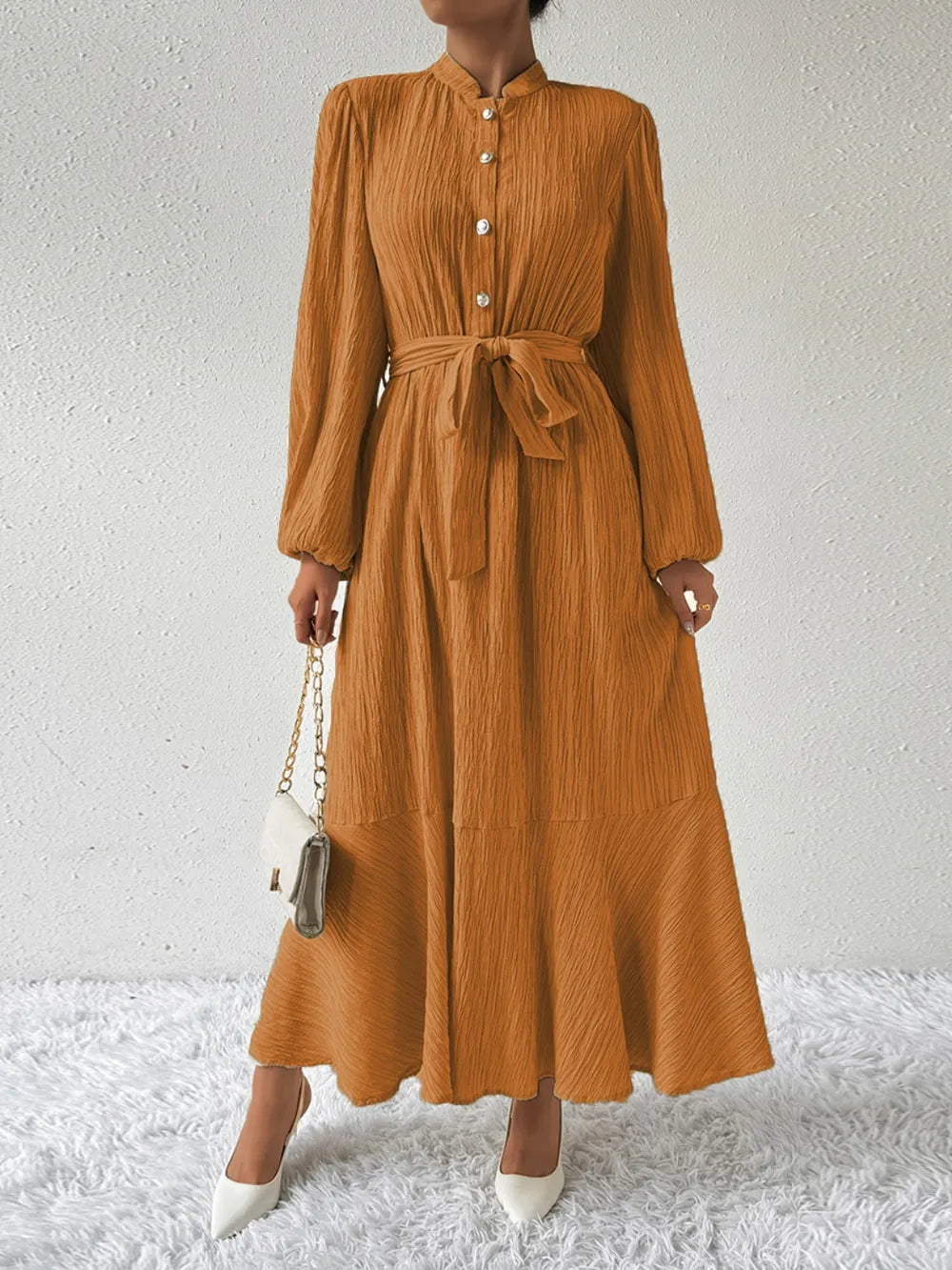 Honey Tie Waist Long Sleeve Dress Ochre OutfitFlow
