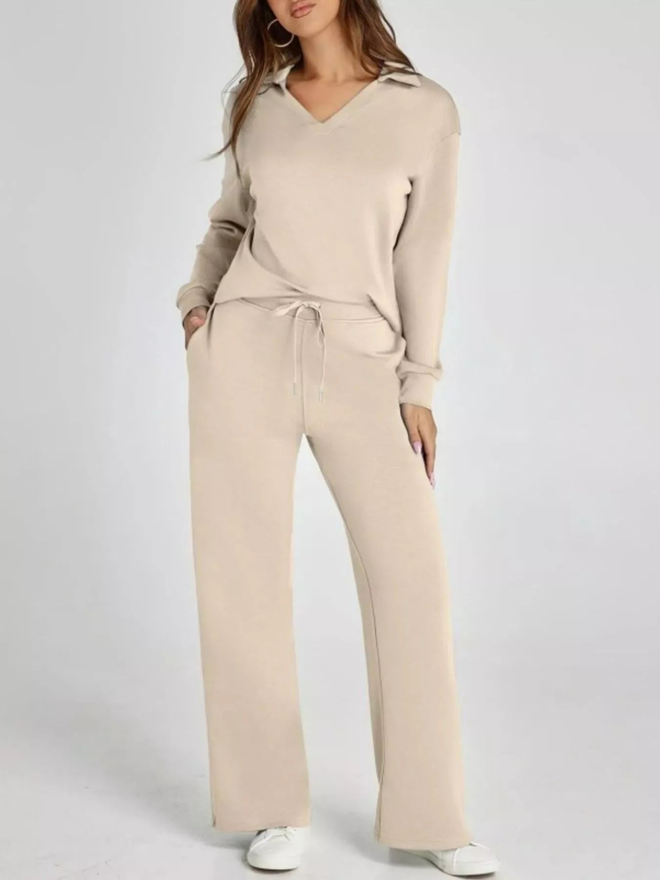 Full Size Johnny Collar Long Sleeve Top and Pants Plus Size Khaki OutfitFlow