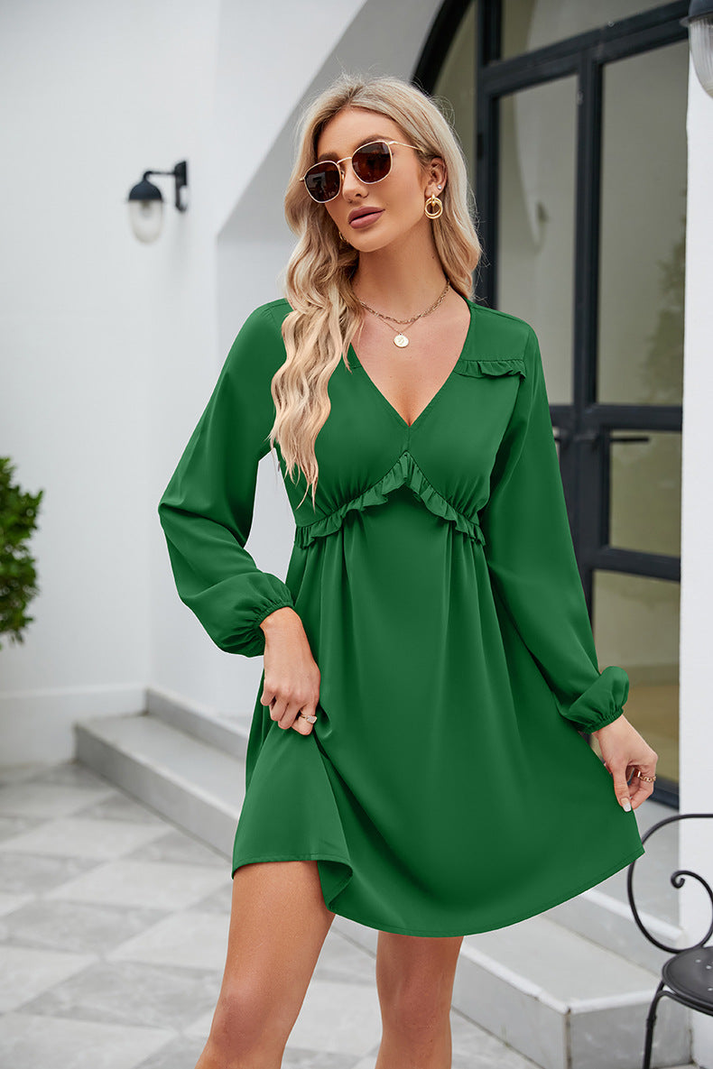 Frill Trim V-Neck Long Sleeve Dress Green OutfitFlow