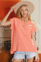 Zenana Woven Double Gauze Acid Washed Short Sleeve Top OutfitFlow