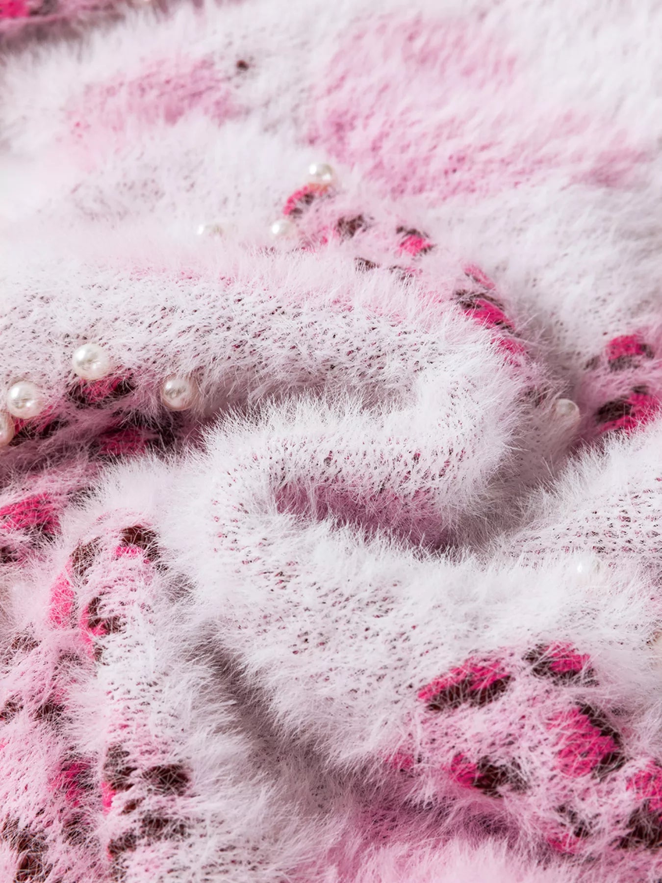 Heart Leopard Pearled Ribbed Trim Fuzzy Sweater OutfitFlow