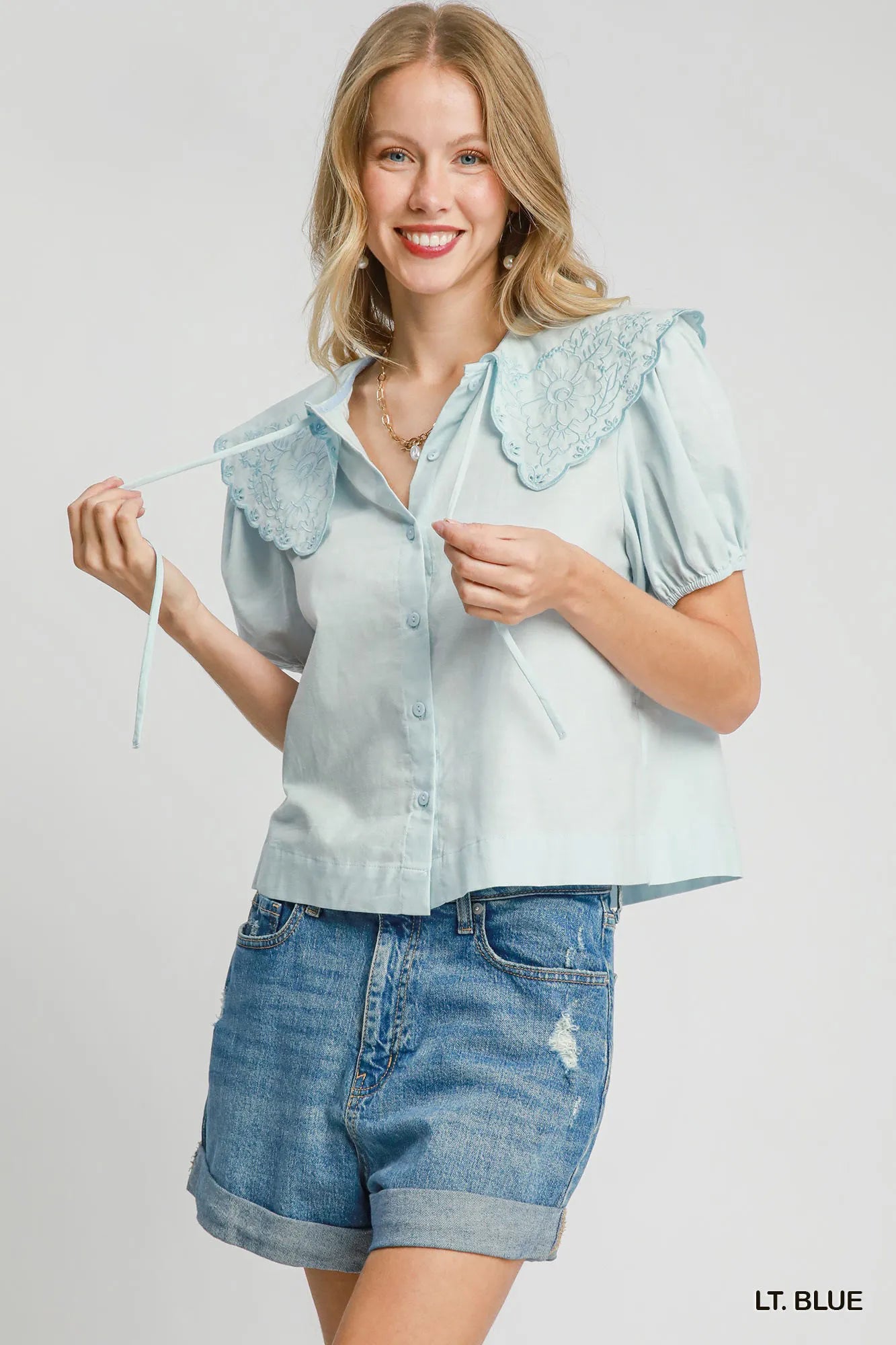 Umgee Tied Collared Short Sleeve Button Down Shirt LT. BLUE Trendsi