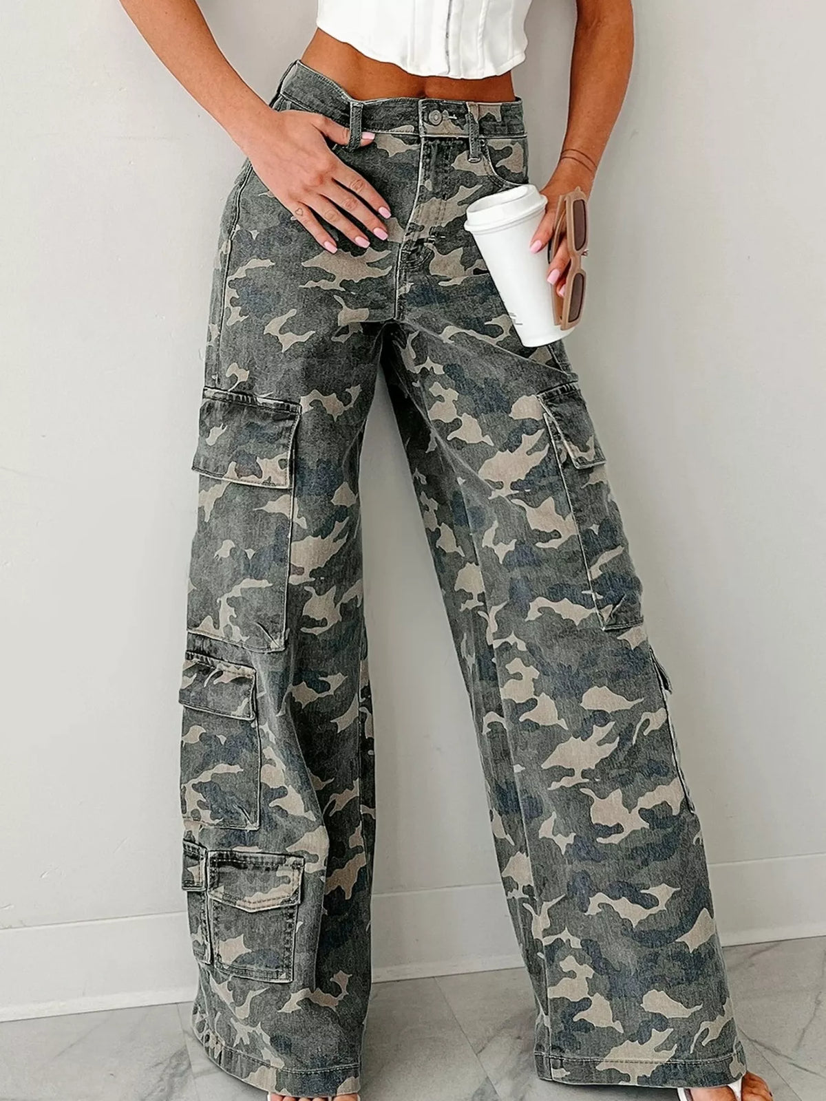 Camo Print Wide Leg Cargo Jeans Green Camouflage OutfitFlow