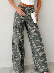Camo Print Wide Leg Cargo Jeans Green Camouflage OutfitFlow