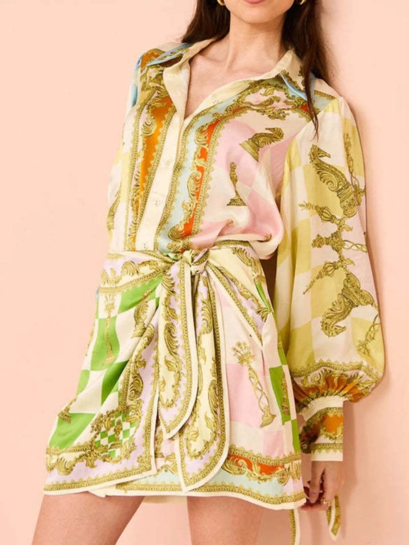 Printed Lantern Sleeve Shirt Dress OutfitFlow