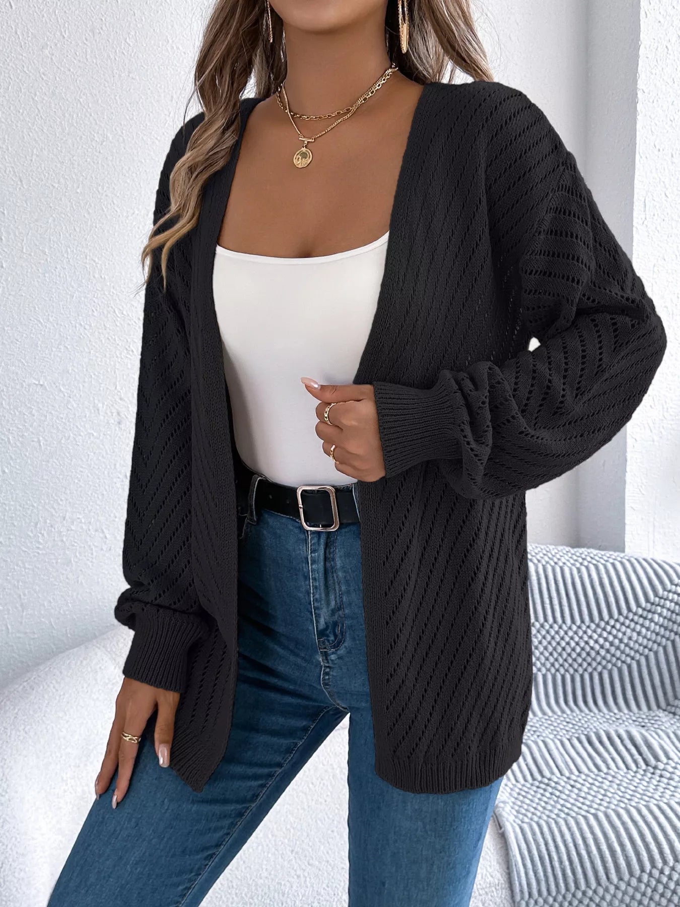 Openwork Open-Front Long Sleeve Cardigan OutfitFlow