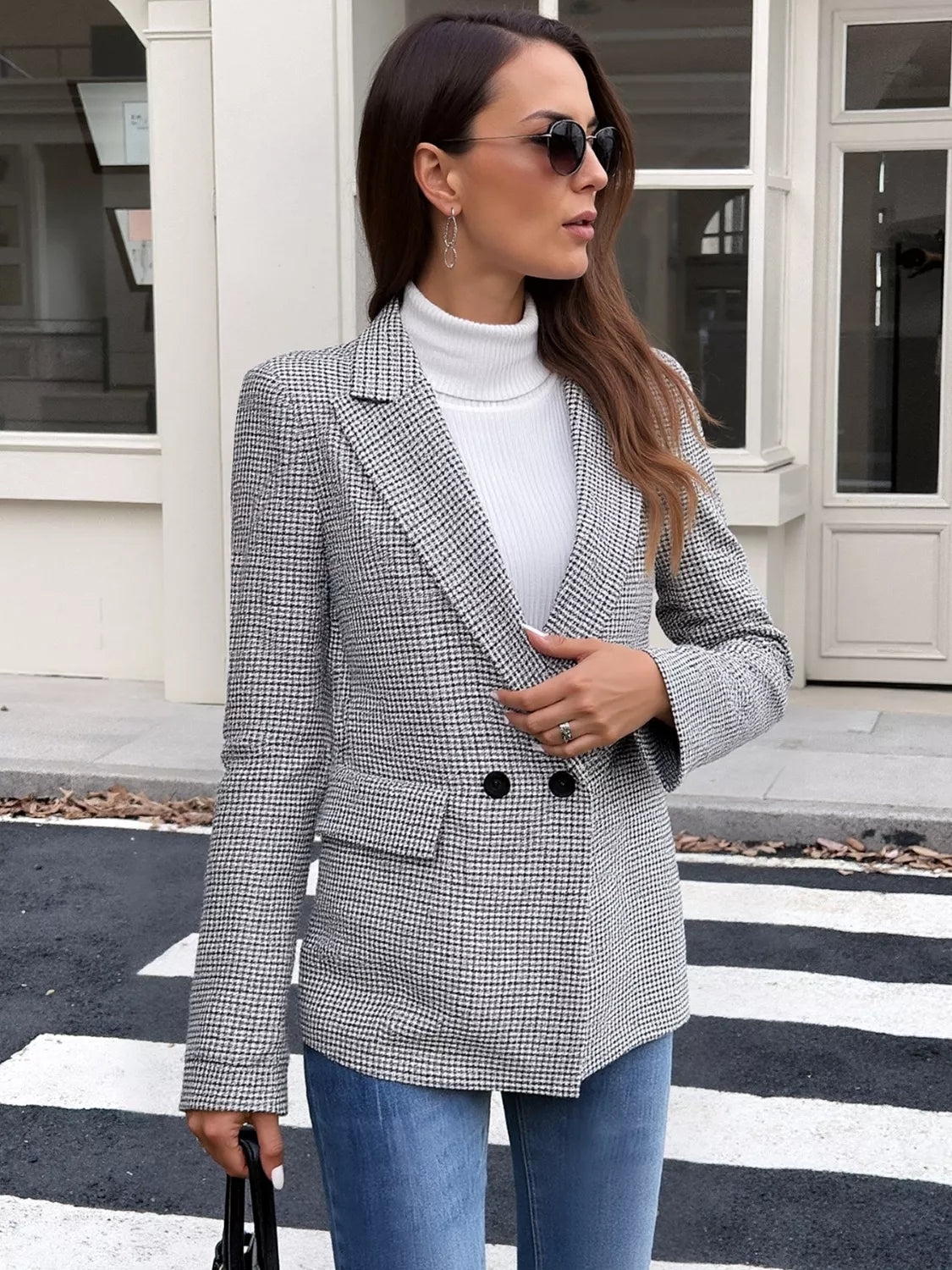 Houndstooth Patterned Double-Breasted Blazer OutfitFlow