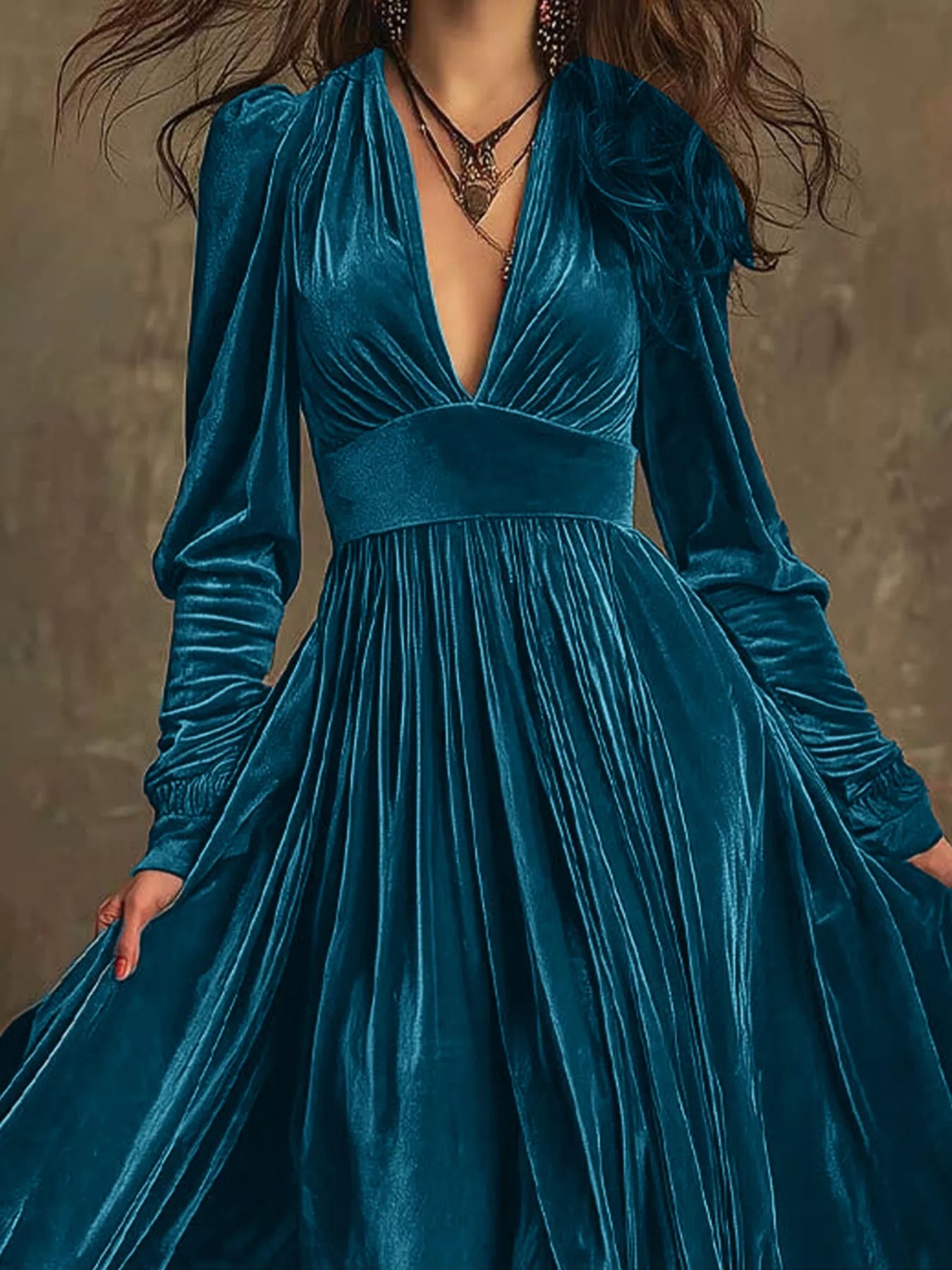 Velvet Deep V-Neck Maxi Dress Peacock Blue OutfitFlow