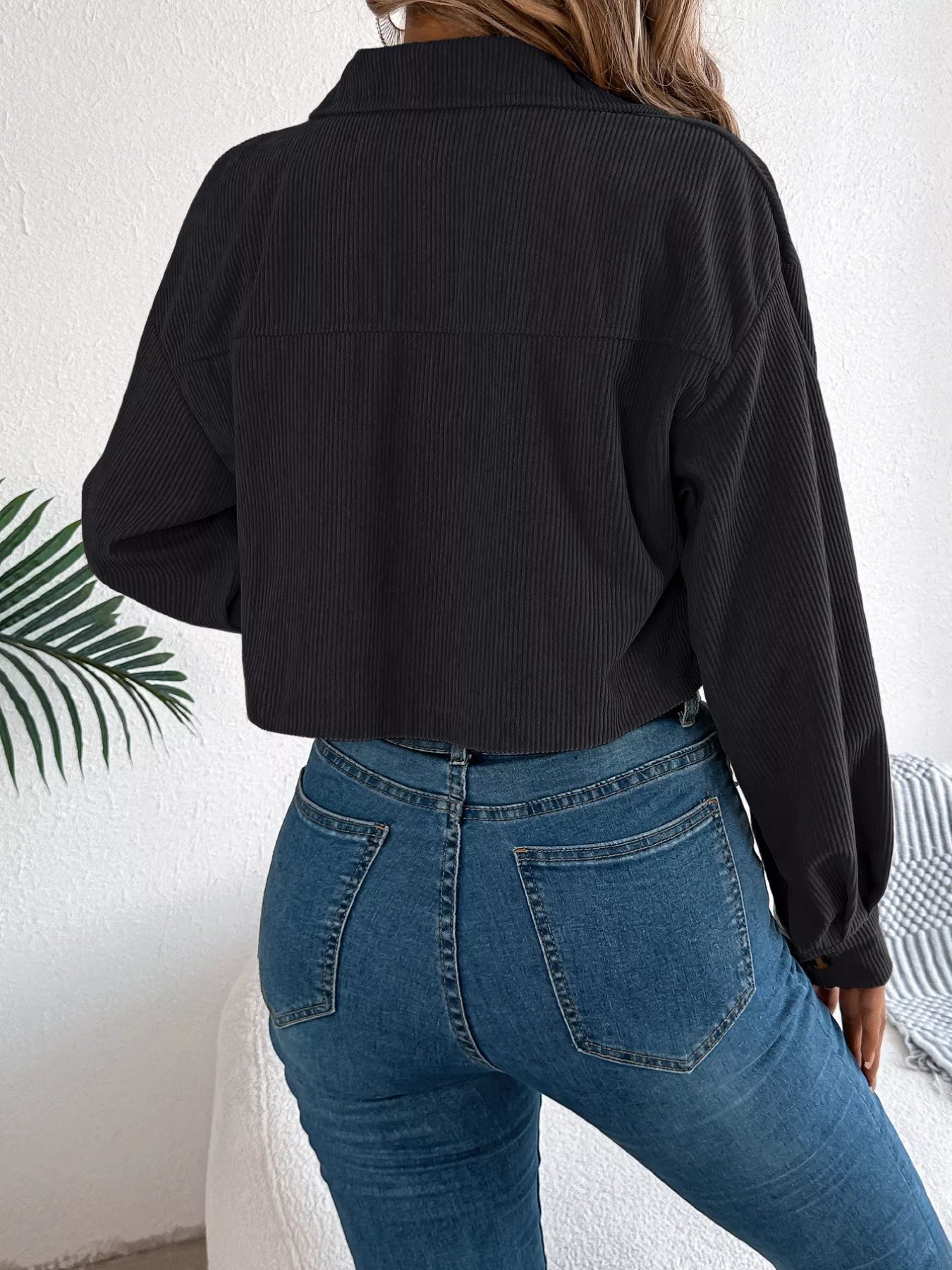 Corduroy Button-Up Dropped Shoulder Jacket Trendsi