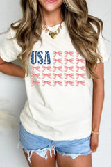 USA Flag Bow Knot Print Round Neck T Shirt OutfitFlow