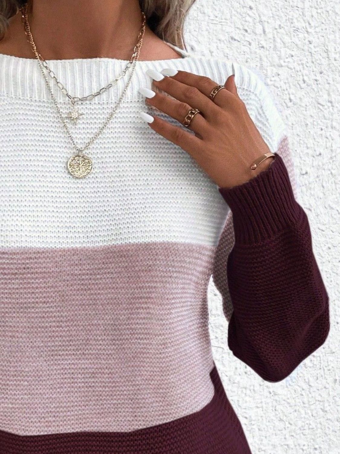 Outfit Flow - Color Block Boat Neck Sweater