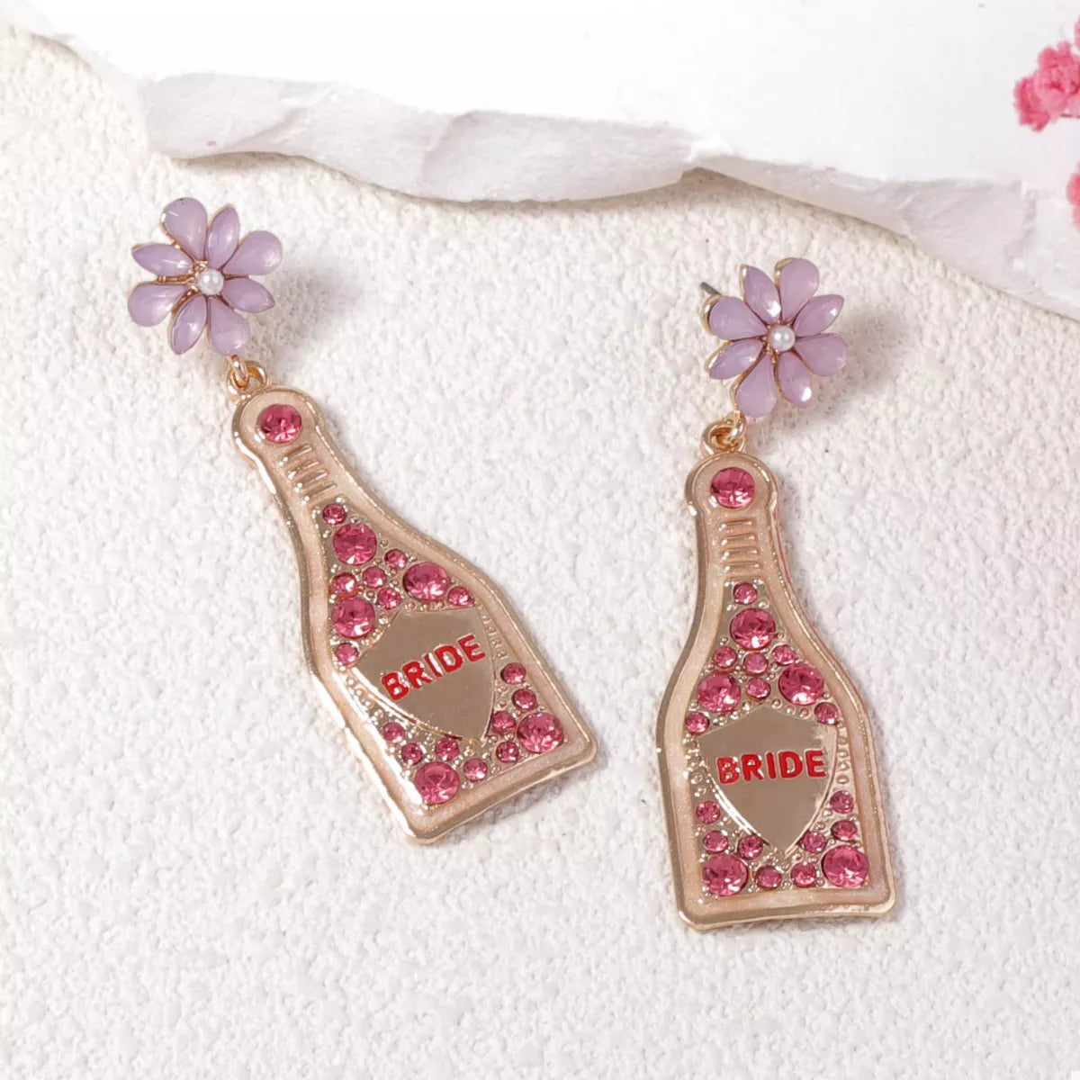 Bride Champagne Bottle Dangle Earrings Pink Purple onesize OutfitFlow
