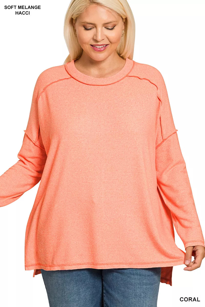 Zenana Full Size Melange Hacci Exposed Seam Hi-low Tee Plus Size OutfitFlow