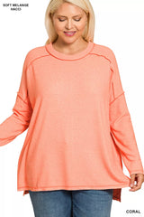 Zenana Full Size Melange Hacci Exposed Seam Hi-low Tee Plus Size OutfitFlow