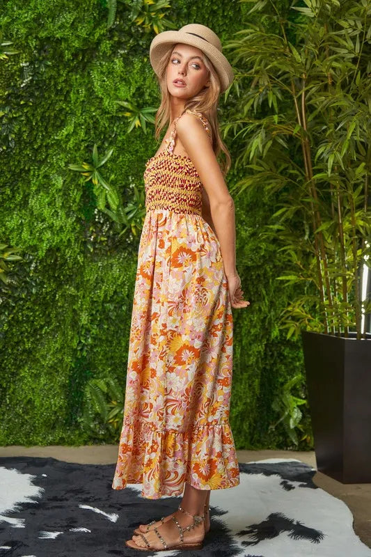 Davi & Dani Multi Smocked Bodice Geo Ruffle Strappy Midi Dress OutfitFlow