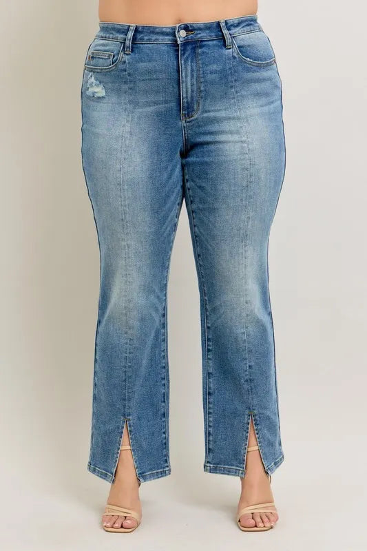 Judy Blue Full Size High Waist Vintage Wash Front Seam & Slit Straight Plus Size OutfitFlow