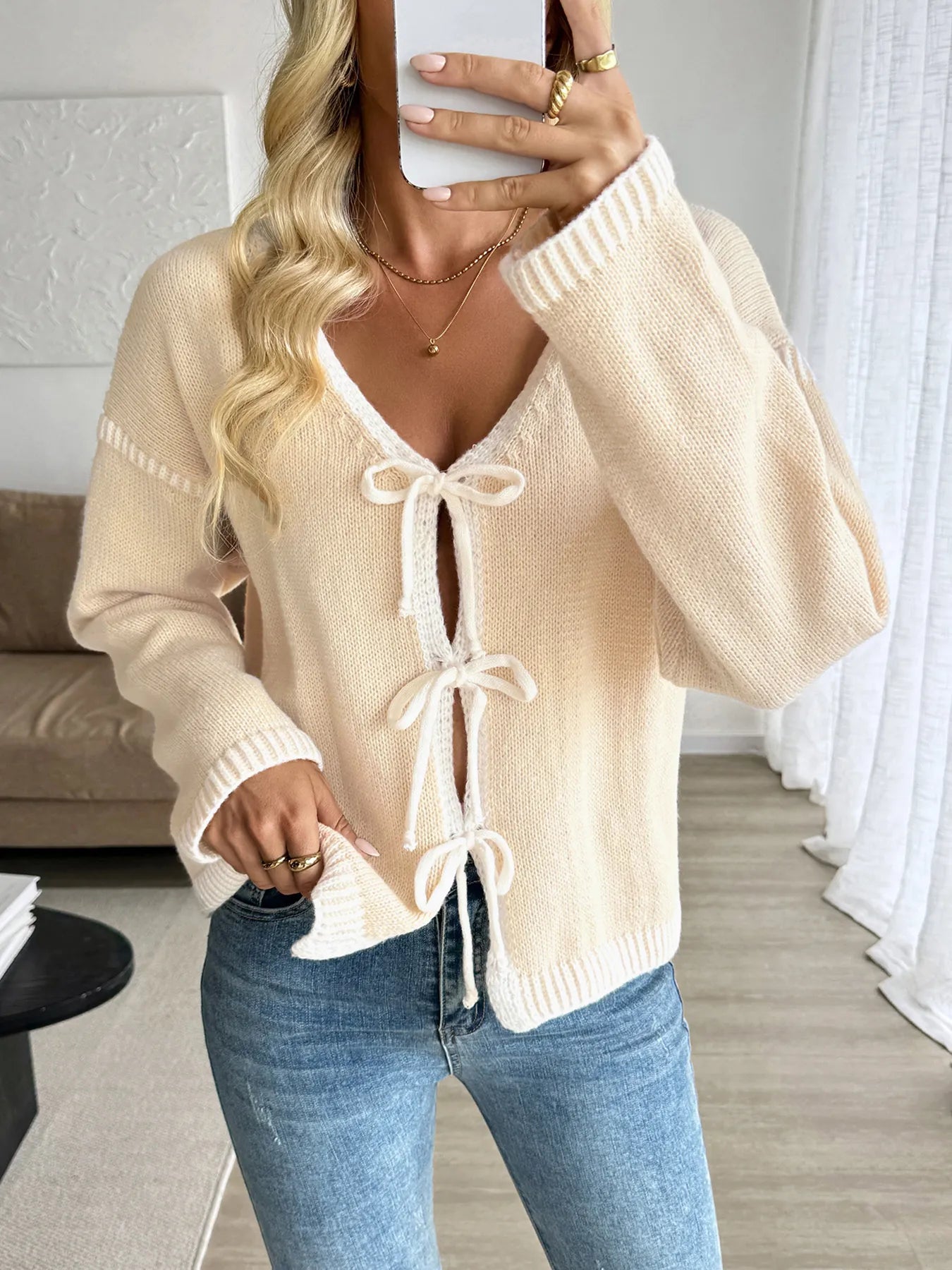 Tie-Front Long Sleeve Cardigan OutfitFlow