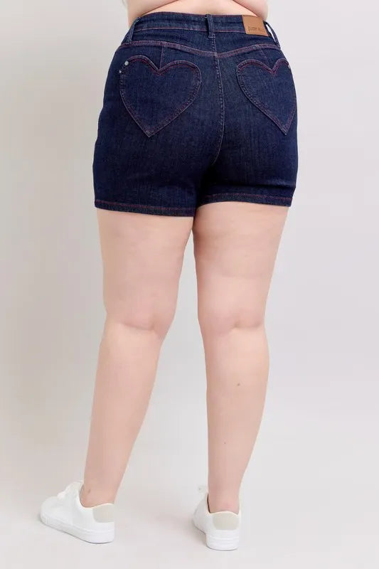 Judy Blue Full Size High Waist Heart Shaped Pkts & Red Contrast Thread Denim Shorts Plus Size OutfitFlow