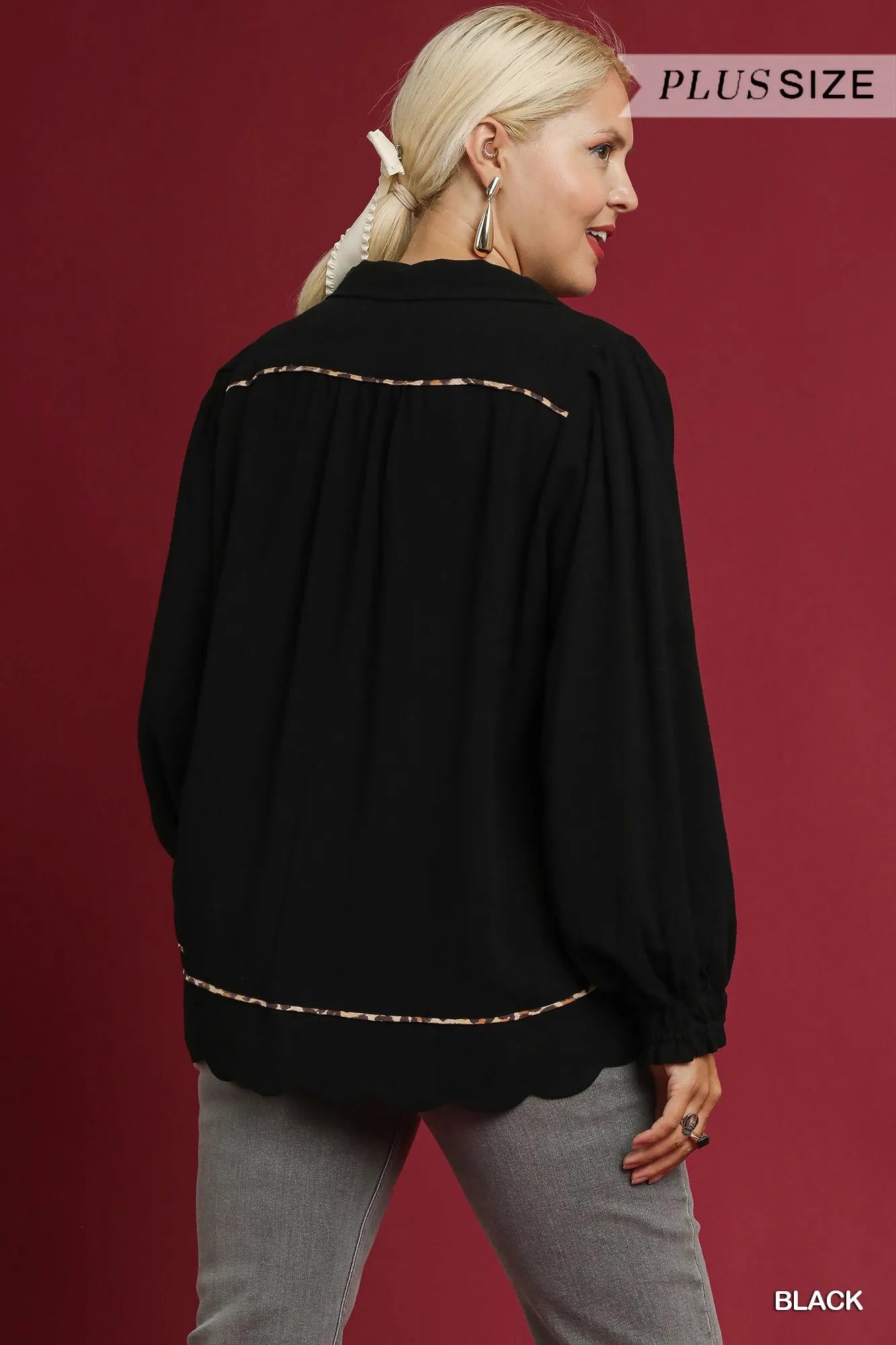 Umgee Full Size Linen Scallop Hem Blouse with Contrast Trim Plus Size Trendsi