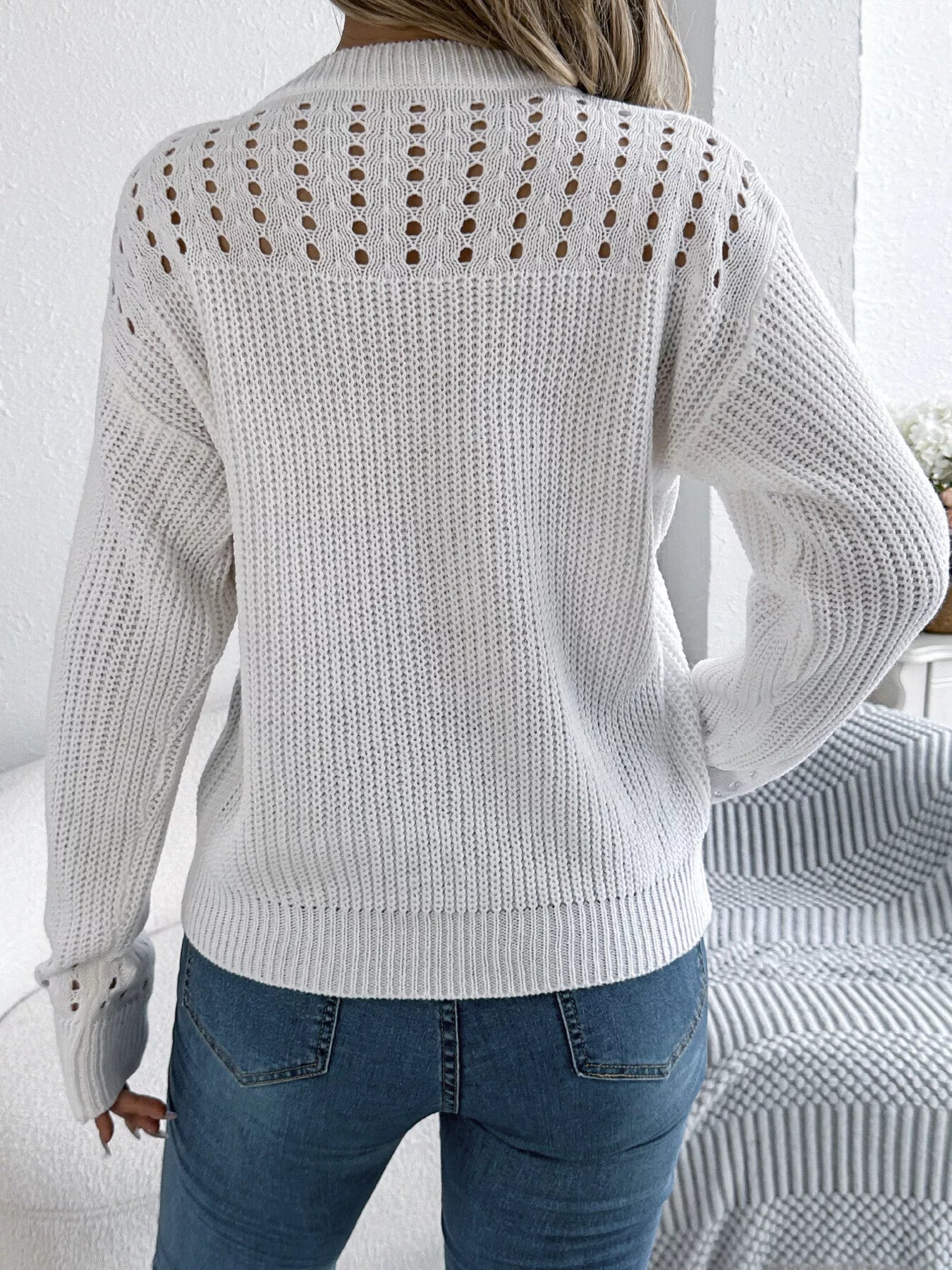 Openwork Round Neck Long Sleeve Sweater OutfitFlow