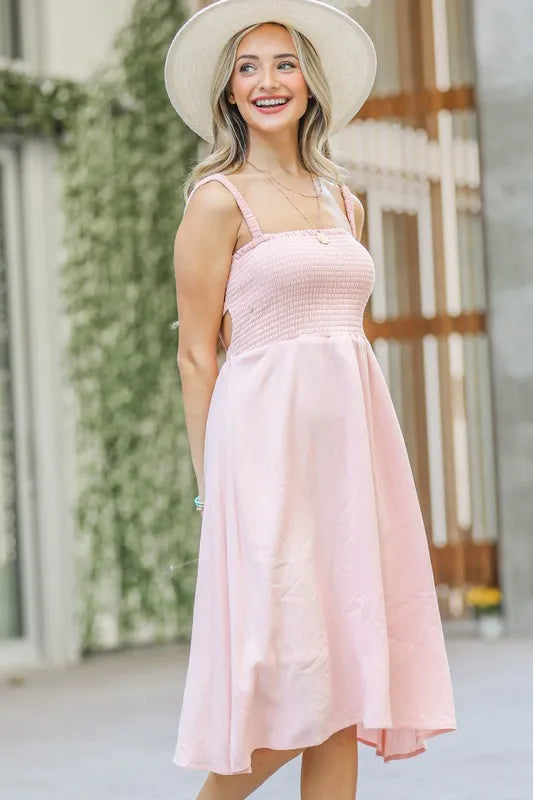 And The Why Smocking Open-Back Sleeveless Midi Dress OutfitFlow
