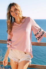 BiBi Leopard Print Contrast Tiered Sleeves Thermal Top PINK OutfitFlow
