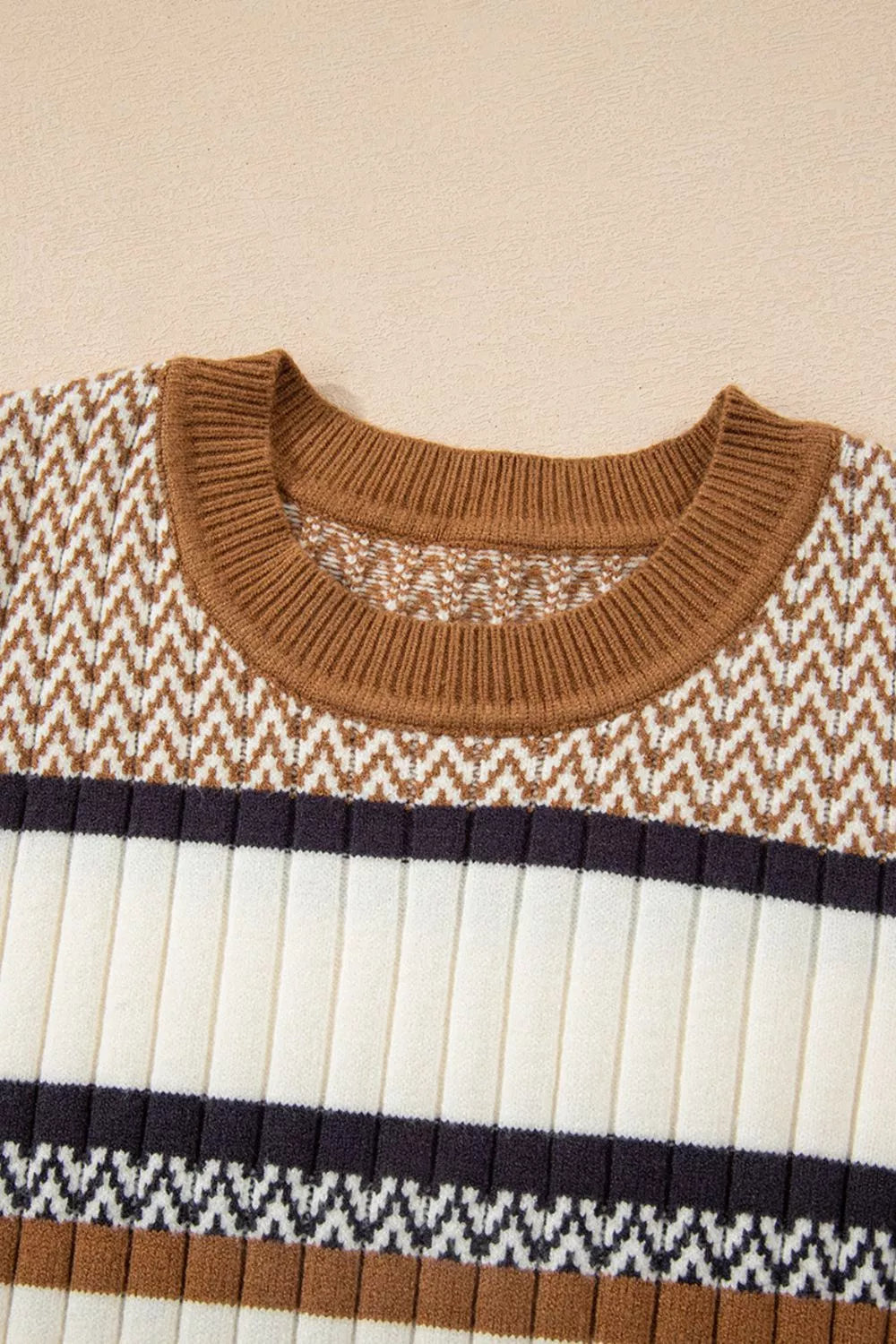 Stripe Stylish Pattern Knitted Ribbed Trim Slim Sweater OutfitFlow