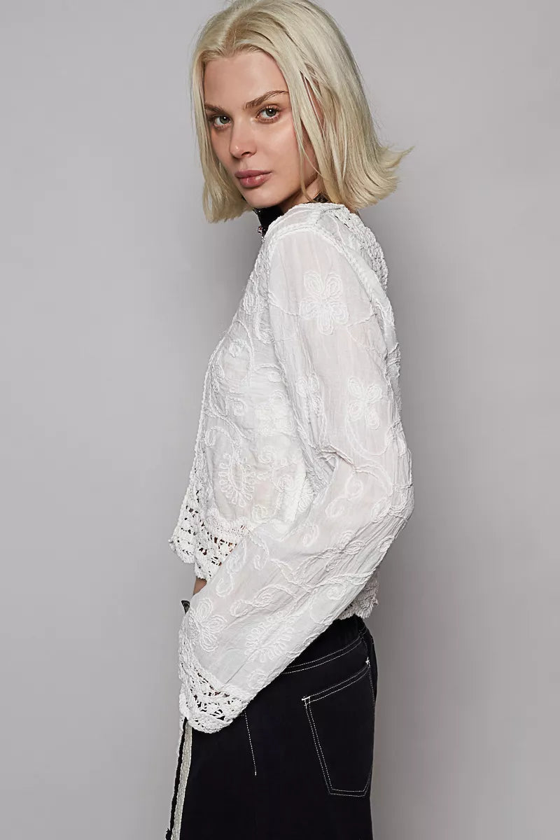 POL Long Sleeve Cropped Crochet Top with Floral Embroidery Detail OutfitFlow