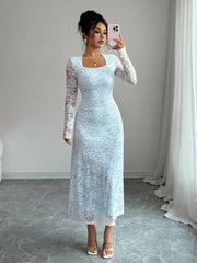 Lace Long Sleeve Square Neck Maxi Dress Trendsi