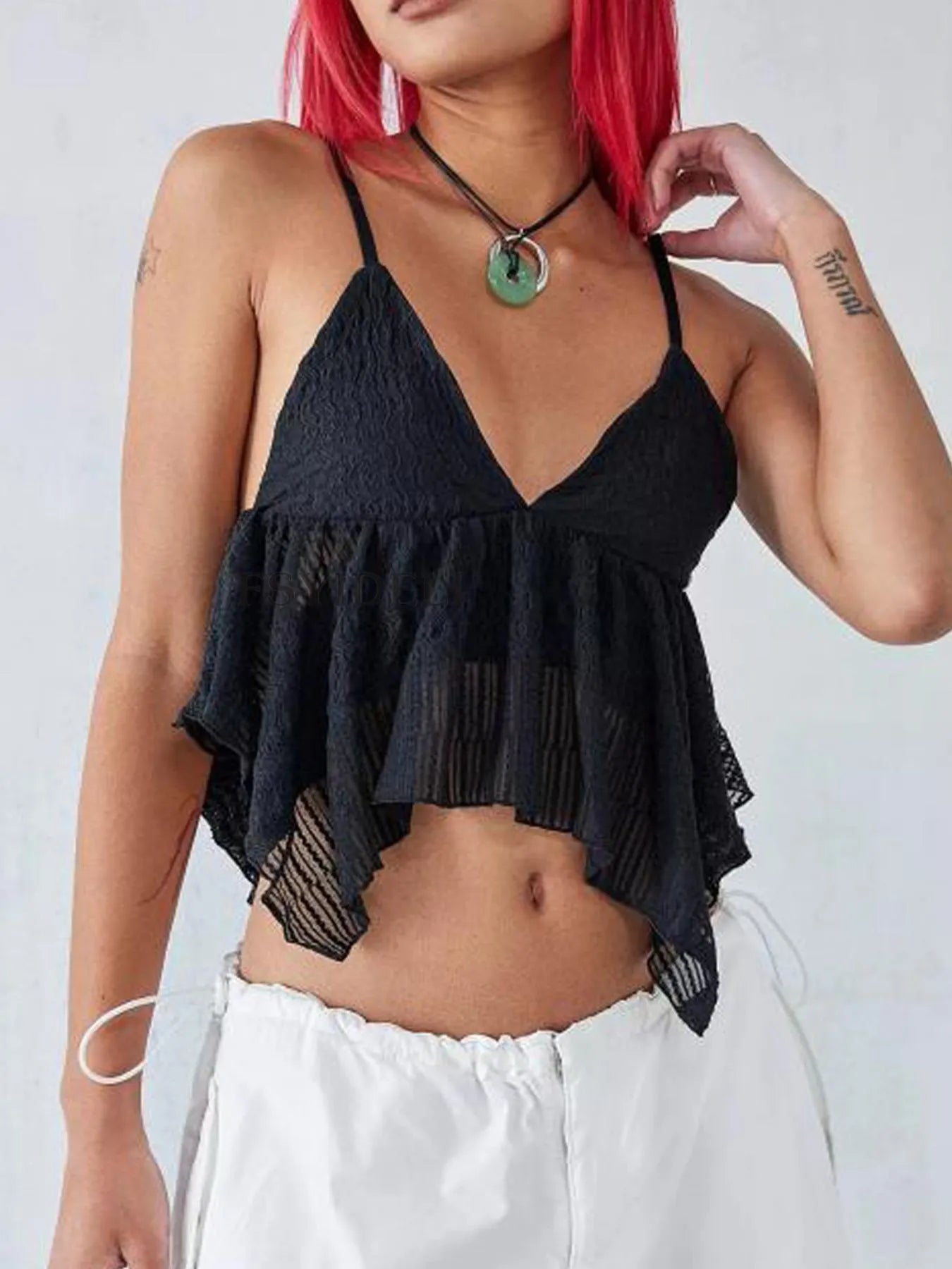 V-Neck Peplum Cami Top Black OutfitFlow