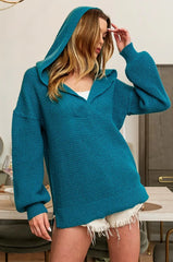 BiBi Raw Edge Detail V-Neck Sweater Hoodie TEAL OutfitFlow