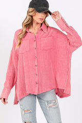 SAGE + FIG Frayed Hem Side Slit Button Down Shirt Pink OutfitFlow