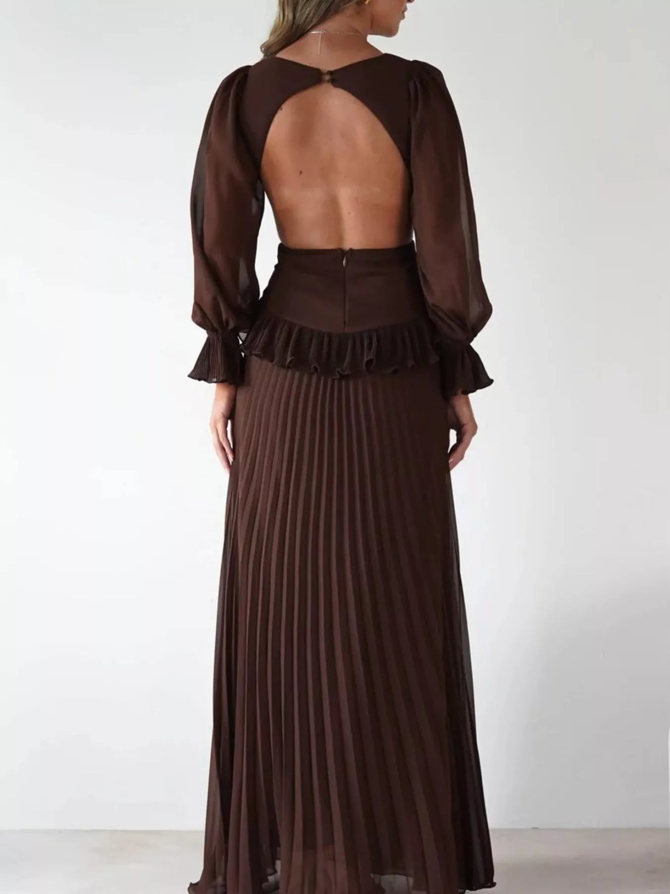 Backless Pleated Long Sleeve Maxi Dress OutfitFlow