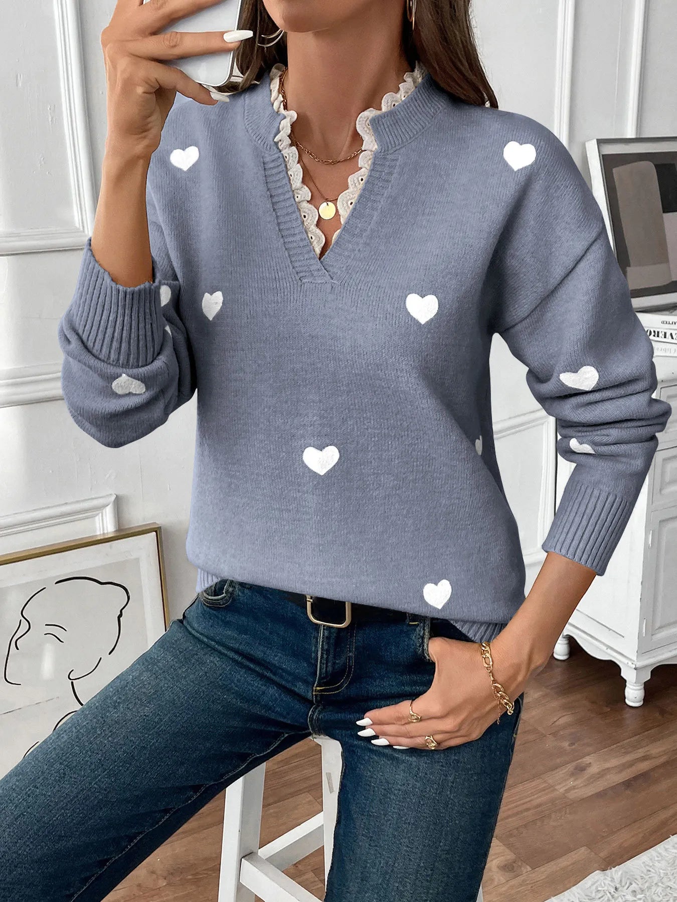 Heart V-Neck Long Sleeve Sweater OutfitFlow