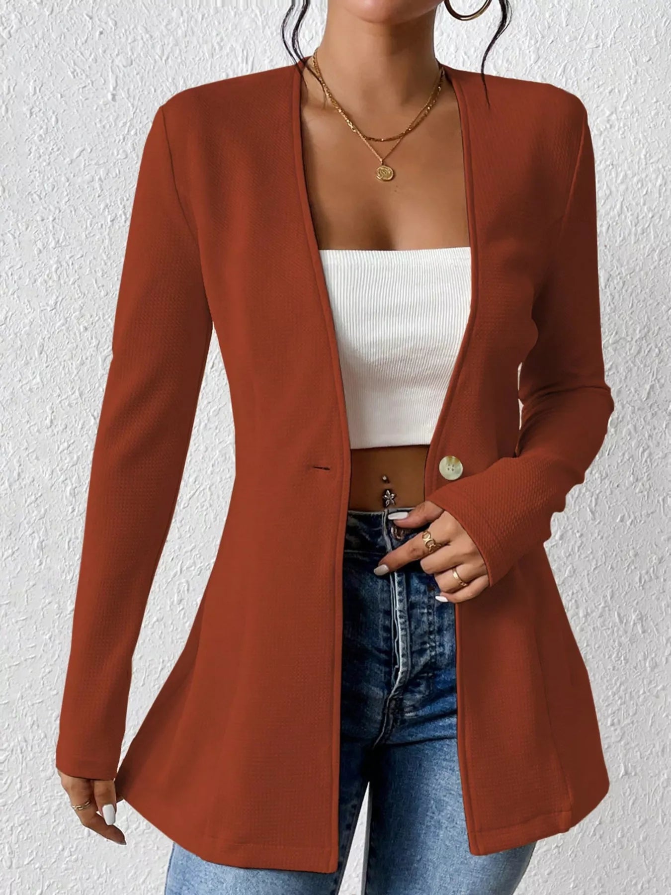 One Button Long Sleeve Blazer OutfitFlow