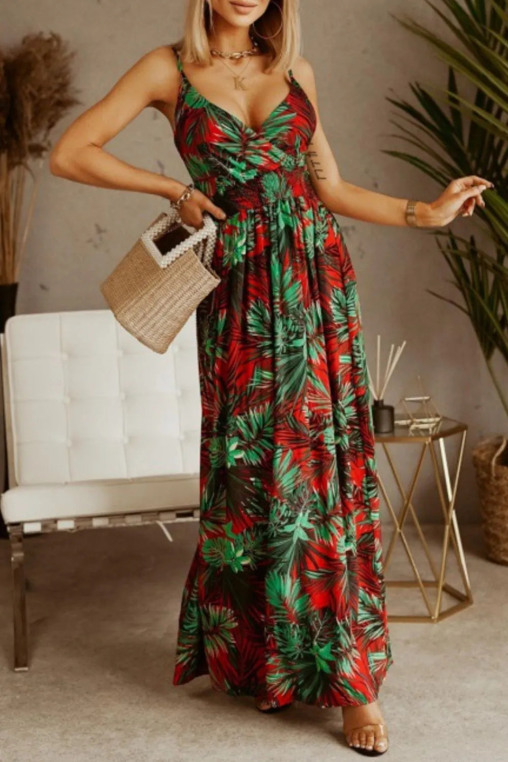 Printed Spaghetti Strap Maxi Dress OutfitFlow
