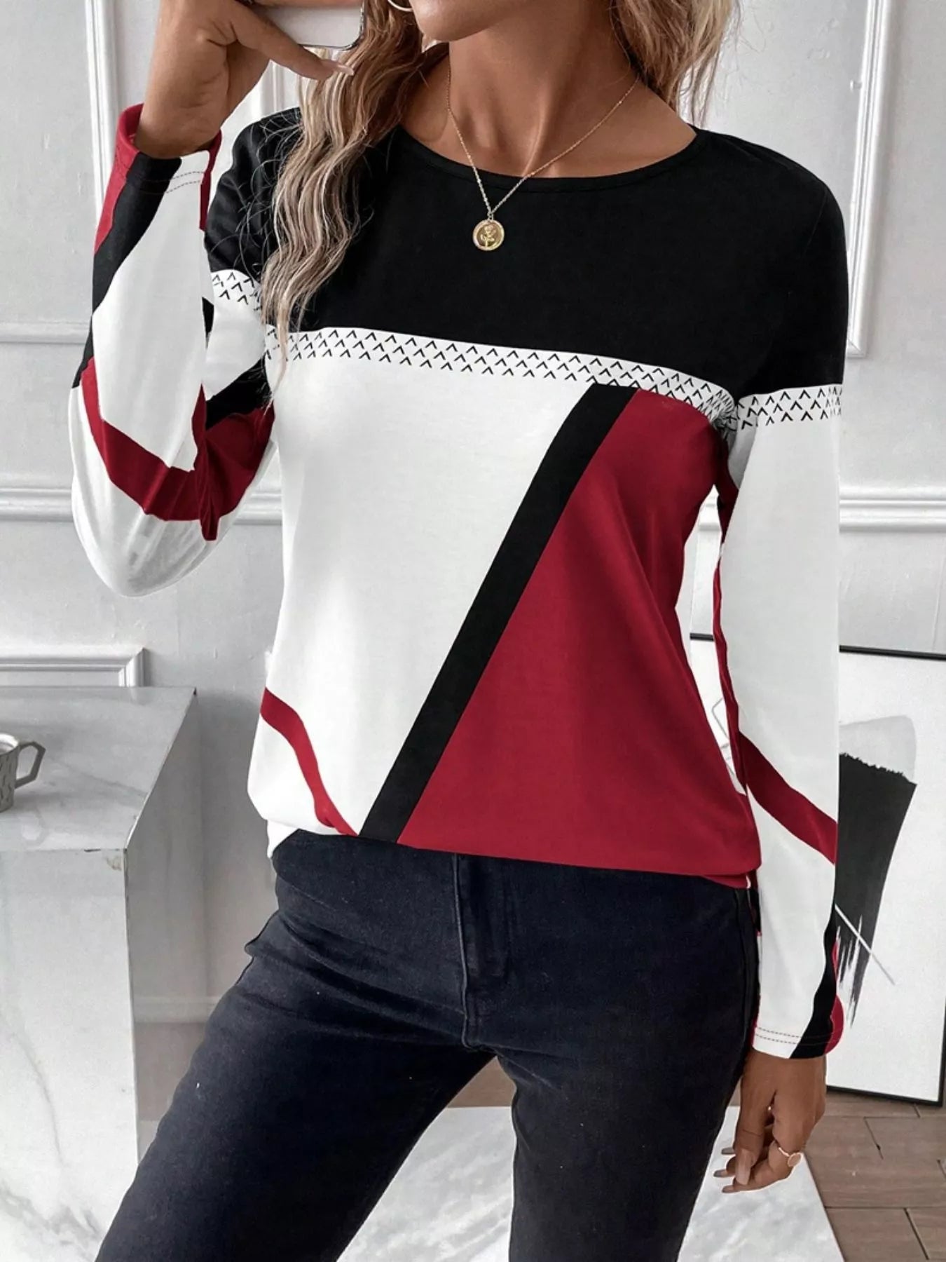 Color Block Long Sleeve T-Shirt Scarlet OutfitFlow