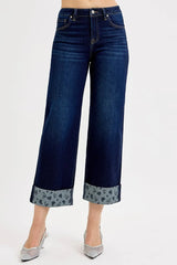 RISEN Full Size Mid Rise Fit Crop Wide With Printed Cuff Jeans Plus Size DARK OutfitFlow