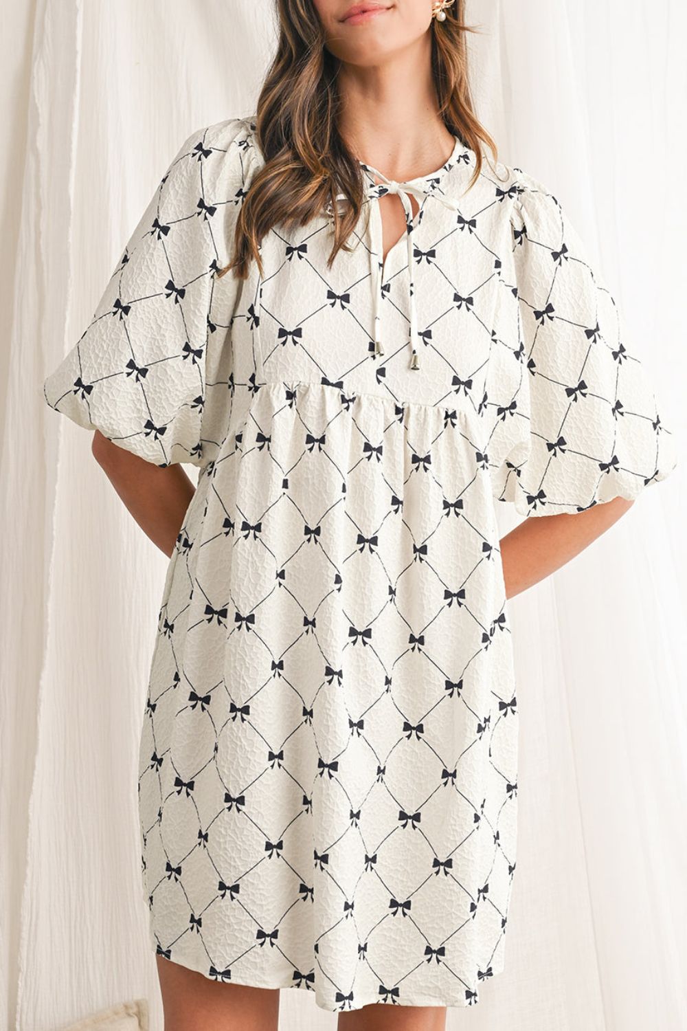 Bow Print Tie Neck Half Sleeve Dress OutfitFlow
