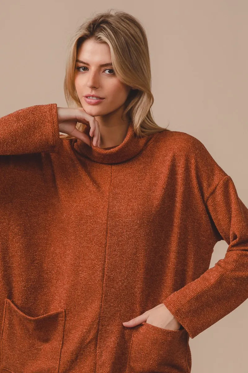 BiBi Piper Rib Double Pocket Turtle Neck Sweater OutfitFlow