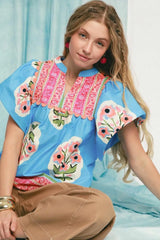 Umgee Floral Notched Puff Sleeve Blouse OutfitFlow