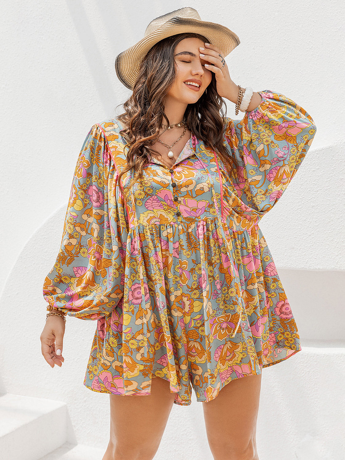 Outfit Flow - Plus Size Floral Tie Neck Balloon Sleeve Romper