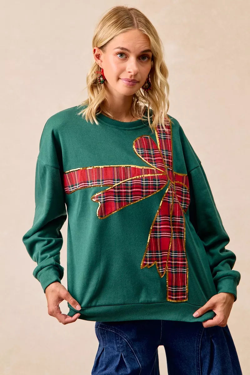 BiBi Plaid Ribbon Bow Detail Christmas Fleece Pullover OutfitFlow