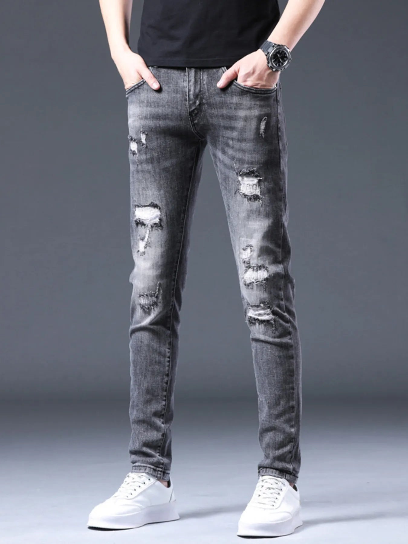 Men's Distressed Slim Fit Ripped Jeans OutfitFlow